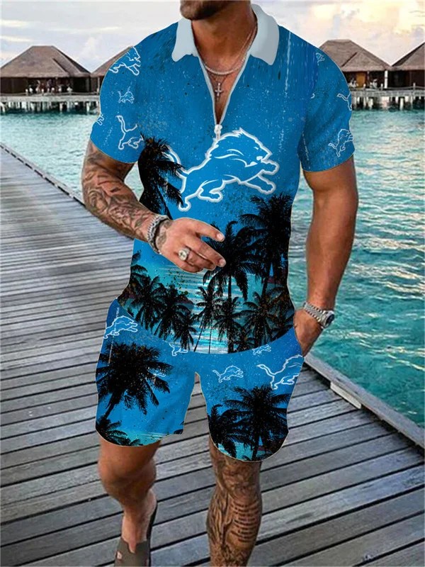 Detroit Lions Zip Polo Shirt and Shorts