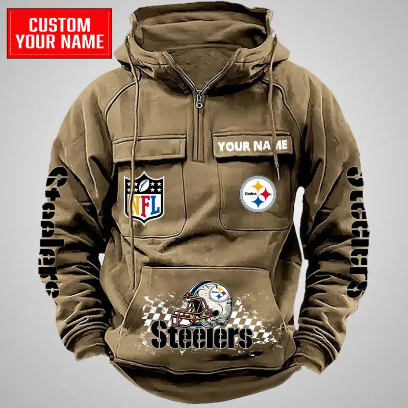 Pittsburgh Steelers Multi-Pockets Zip Hoodie Khaki