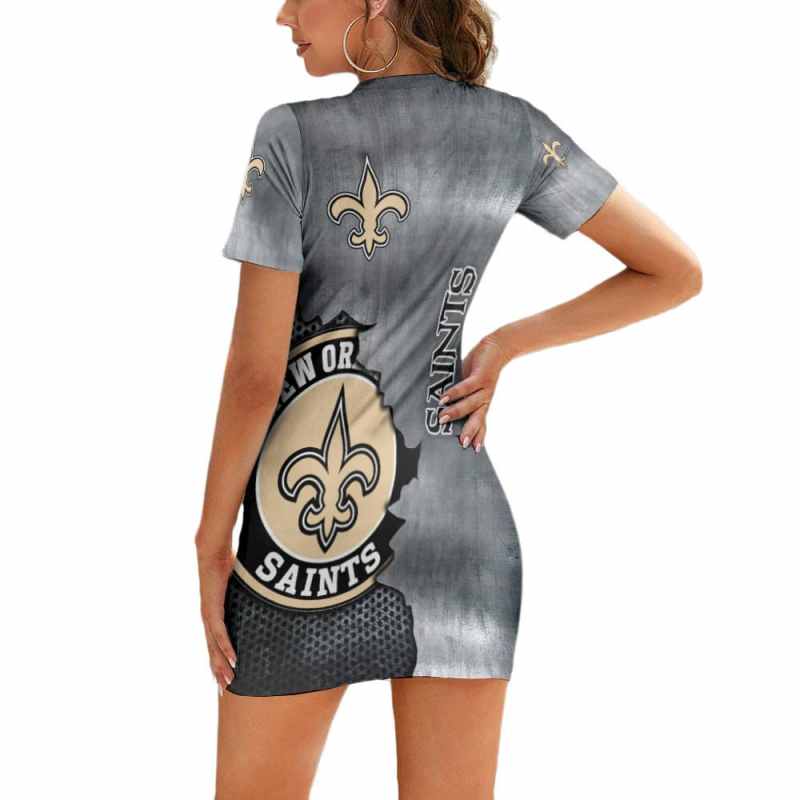 New Orleans Saints Casual Short Sleeve Bodycon Mini Dress - Back View