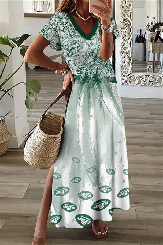 New York Jets V-Neck Side Slit Long Dress