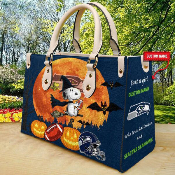 Custom Name Seattle Seahawks NFL Snoopy Halloween Women Leather