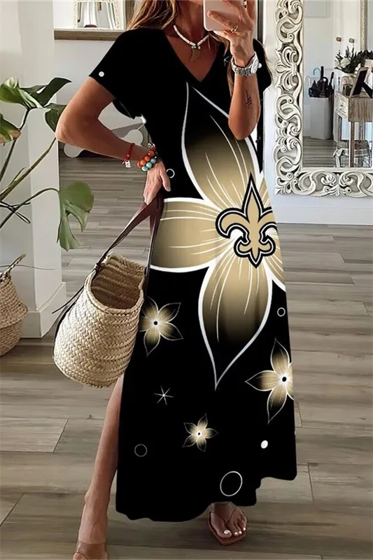 New Orleans Saints V-Neck Side Slit Long Dress