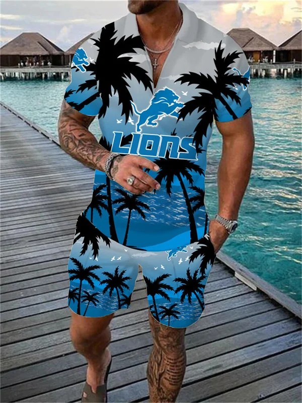 Detroit Lions Zip Polo Shirt and Shorts