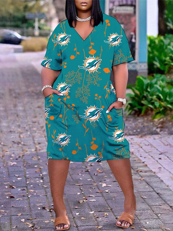 Miami Dolphins V-neck Casual Pocket Dress