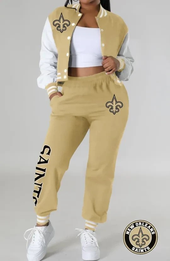New Orleans Saints Women's Varsity Jacket Crop Tops Sweatpants Tracksuit