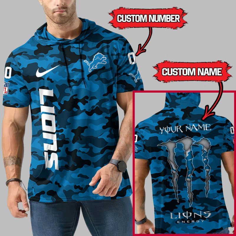 Detroit Lions Personalized Camo Short Sleeve Hoodie Detail
