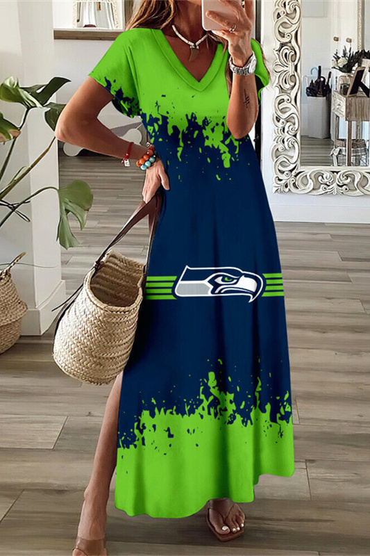 Seattle Seahawks V-Neck Side Slit Long Dress