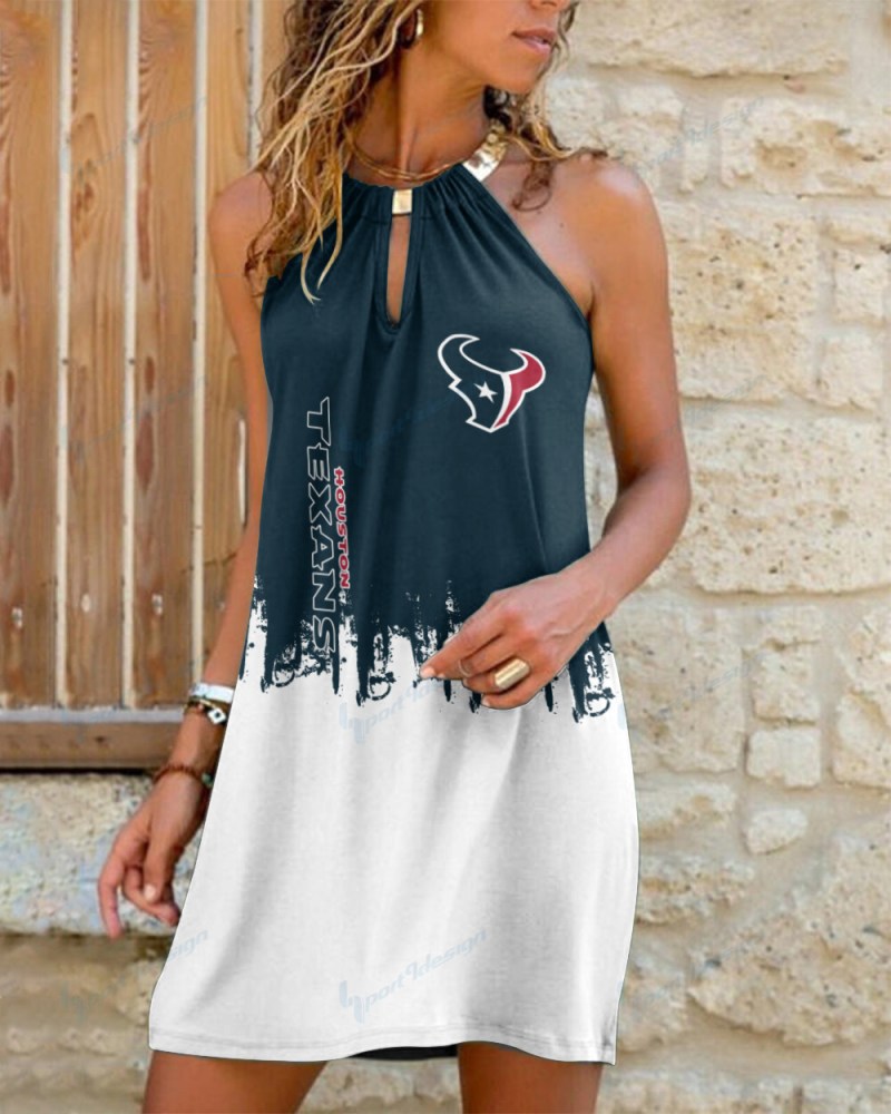 Houston Texans Summer Casual Metal Halter Neck Sleeveless Dress