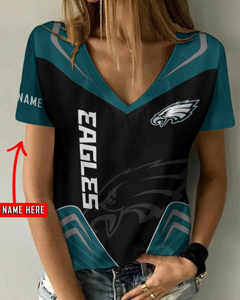 Philadelphia Eagles Personalized Summer V-neck Women T-shirt Front View