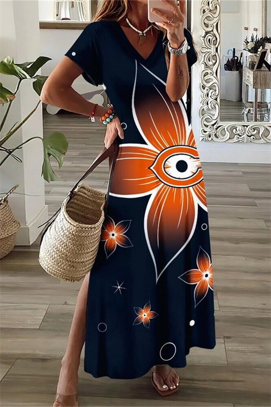 Chicago Bears V-Neck Side Slit Long Dress
