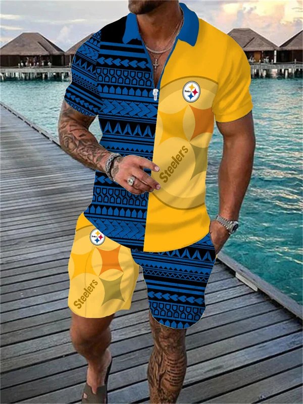Pittsburgh Steelers Zip Polo Shirt and Shorts