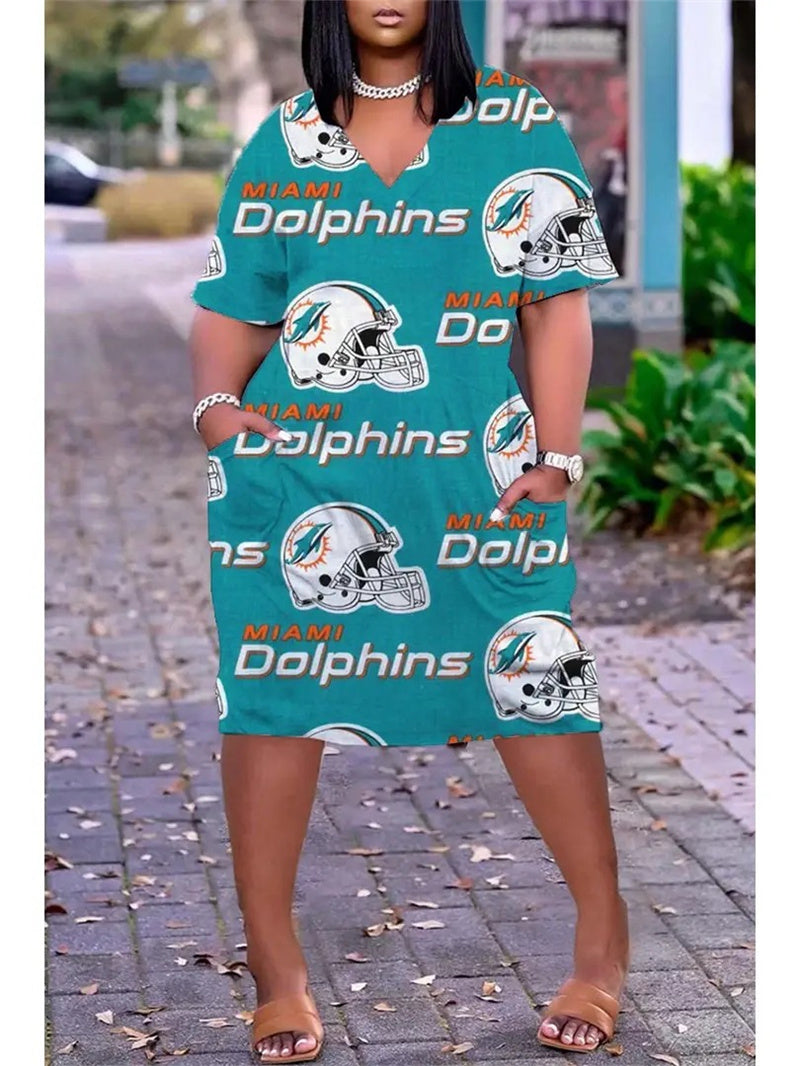 Miami Dolphins V-neck Casual Pocket Dress