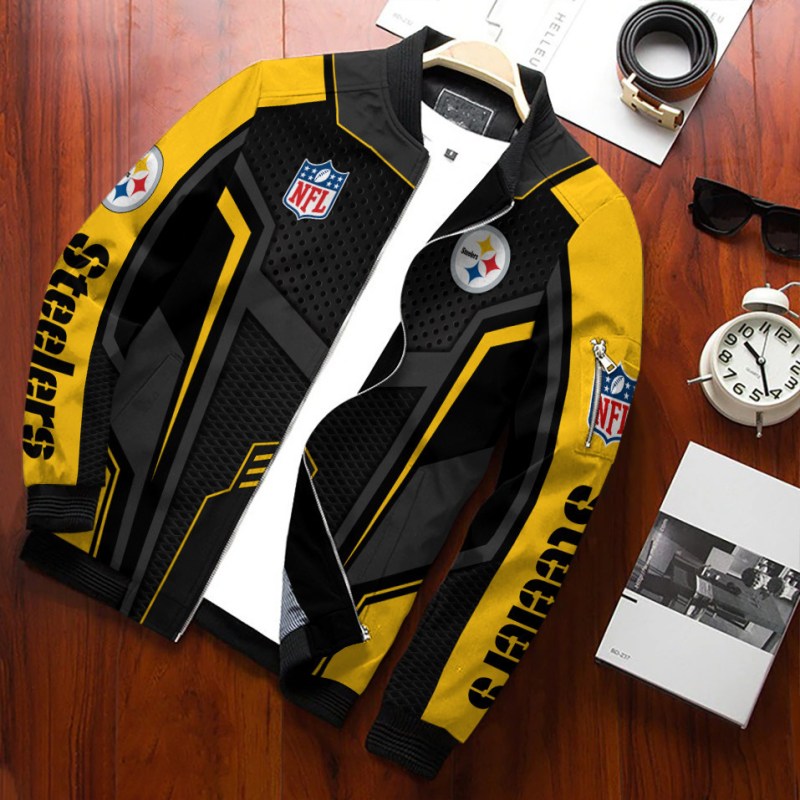 Stylish shot of the Pittsburgh Steelers Personalized Bomber Jacket