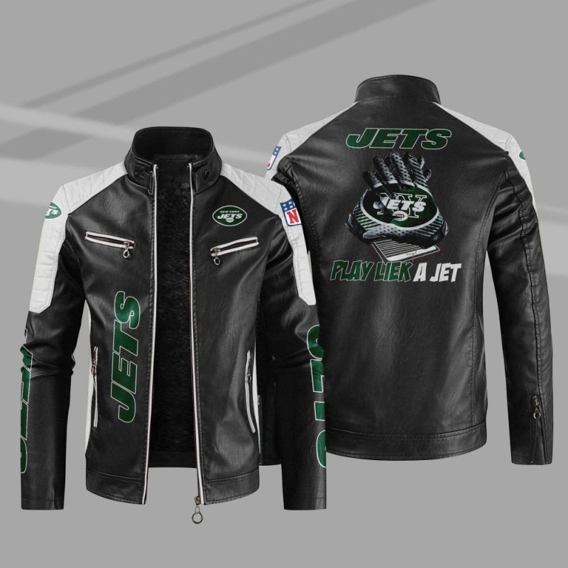 New York Jets Stand Collar Leather Jacket Back