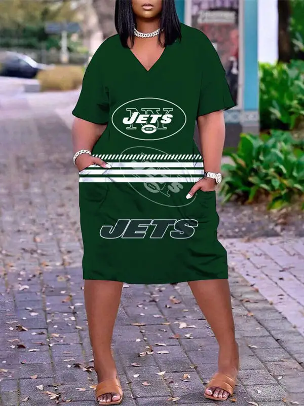 New York Jets V-neck Casual Pocket Dress