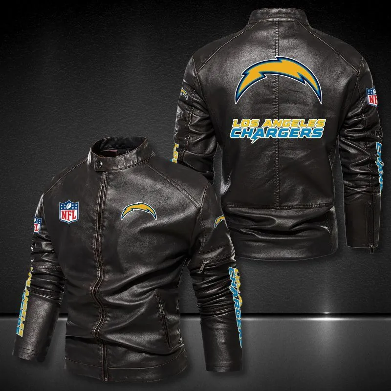 Los Angeles Chargers Stand-up Collar Leather Jacket - Back View