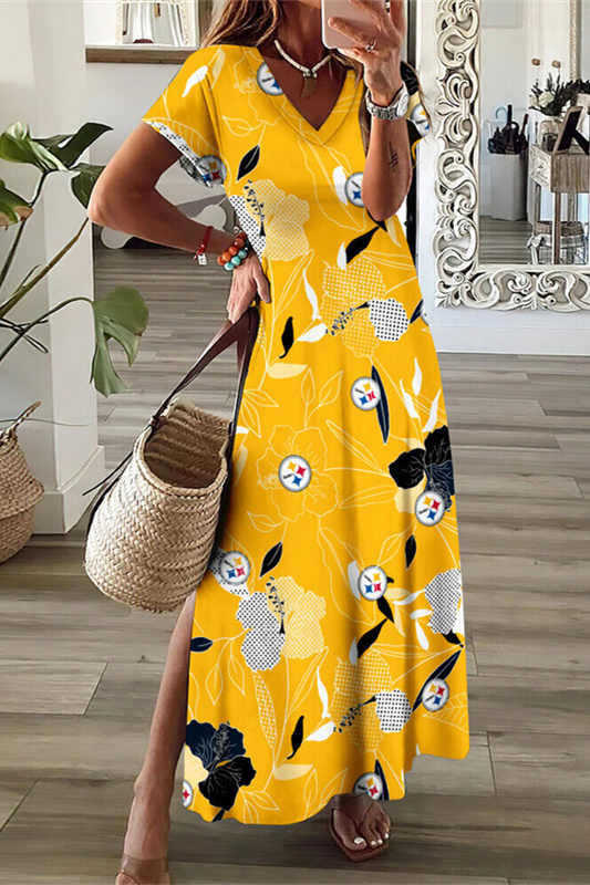 Pittsburgh Steelers V-Neck Side Slit Long Dress