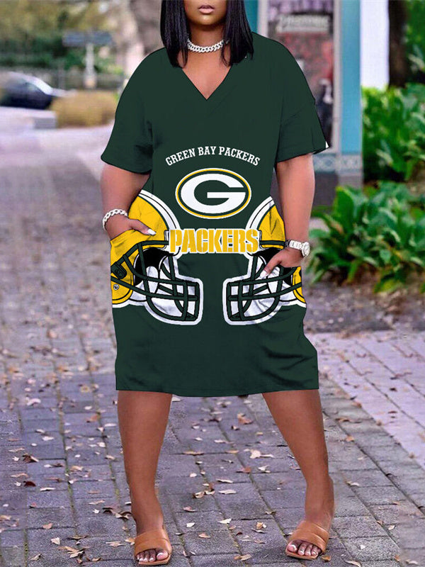 Green Bay Packers V-neck Casual Pocket Dress