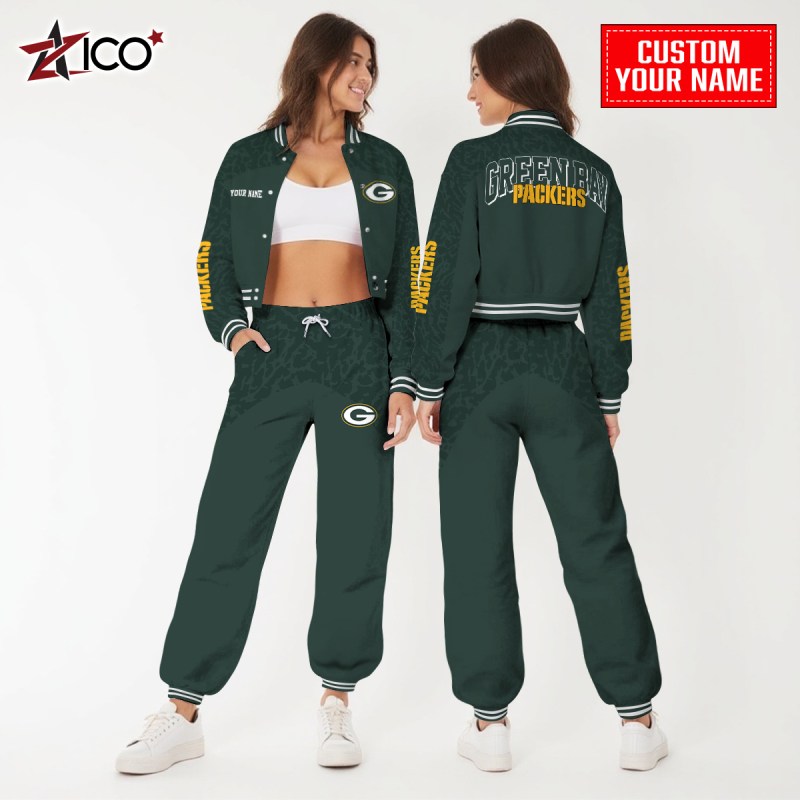 Green Bay Packers Combo Crop Varsity Jacket And Sweatpants Studio Image