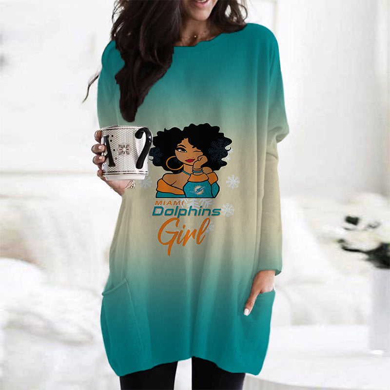 Miami Dolphins Casual Long Sleeve Pocket Dress