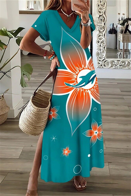 Miami Dolphins V-Neck Side Slit Long Dress