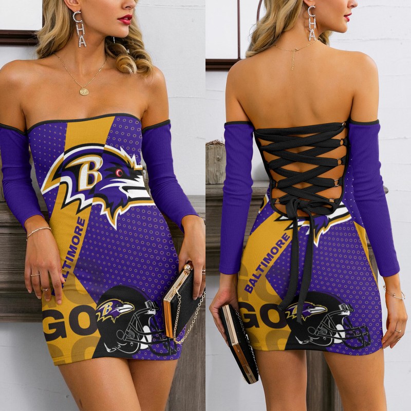 Baltimore Ravens Lace Up Back Bardot Bodycon Dress