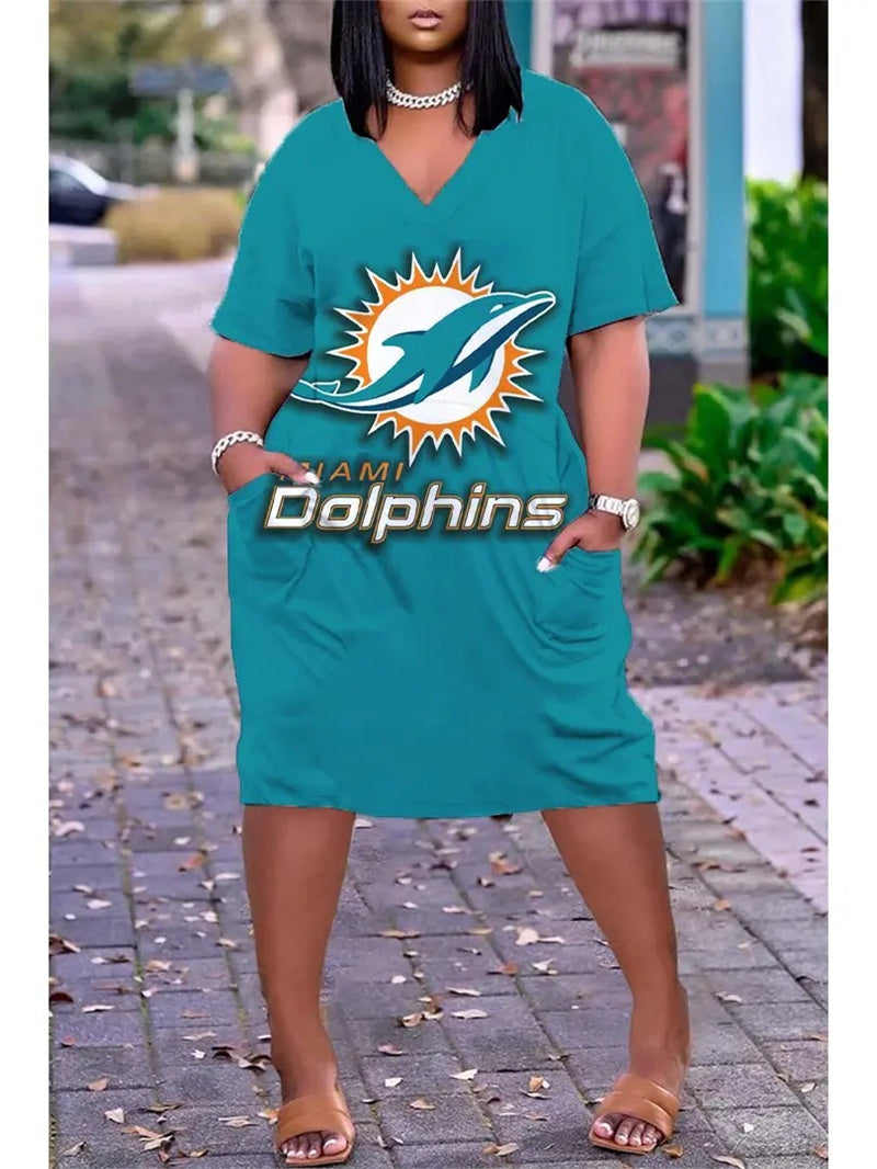 Miami Dolphins V-neck Casual Pocket Dress