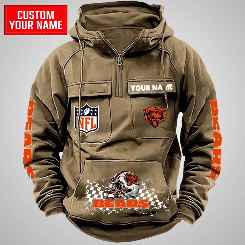 Chicago Bears Multi-Pockets Zip Hoodie - Khaki