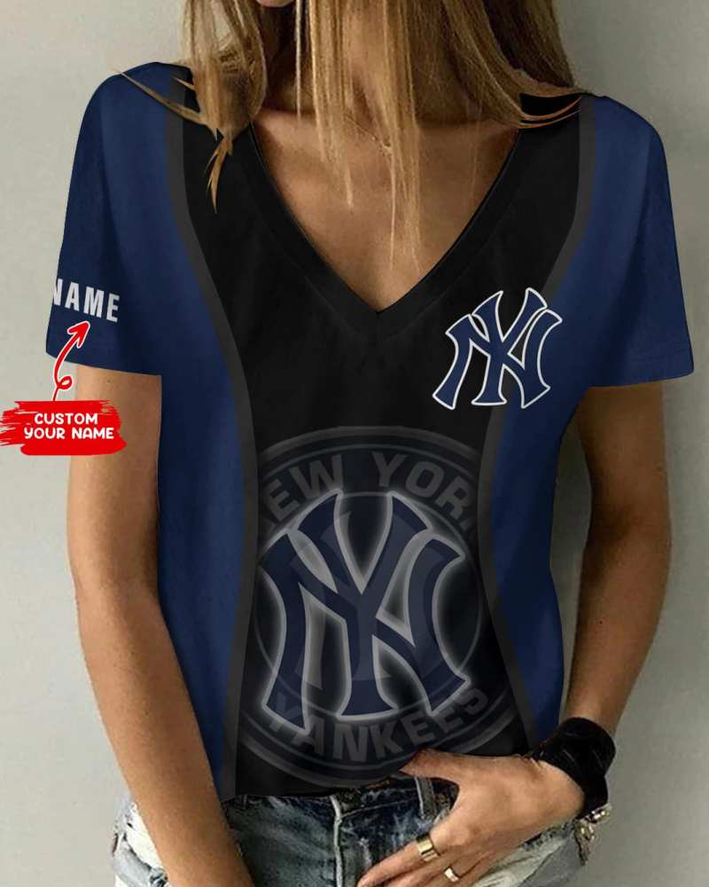 New York Yankees Personalized Summer V-neck Women T-shirt