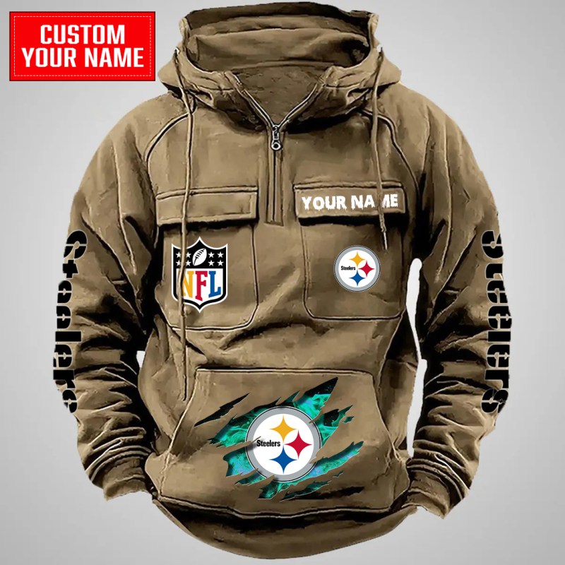 Pittsburgh Steelers Multi-Pockets Zip Hoodie Khaki