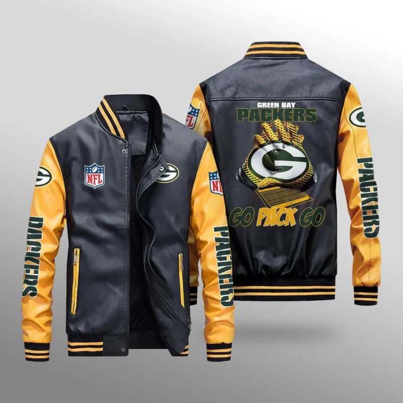 Green Bay Packers Leather Bomber Jacket - Back View