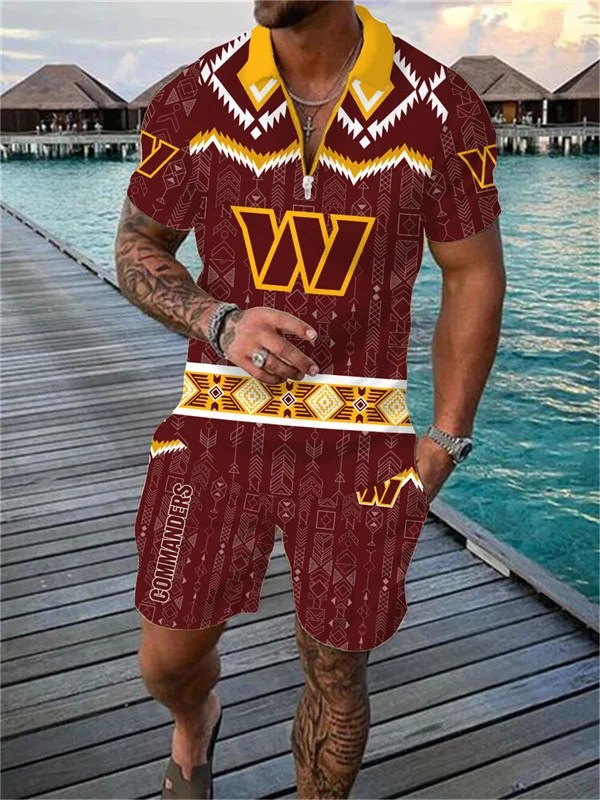 Washington Commanders Zip Polo Shirt and Shorts Set