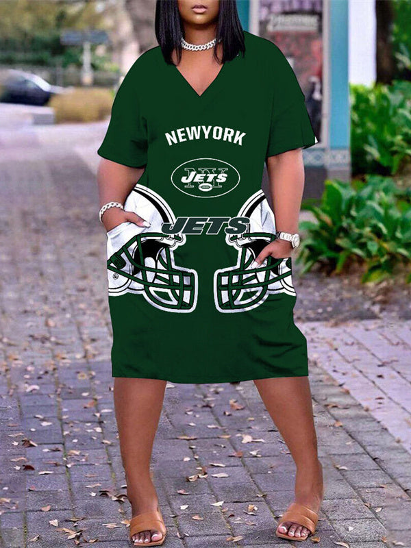 New York Jets V-neck Casual Pocket Dress