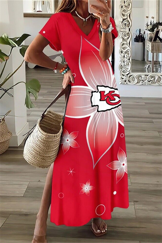 Kansas City Chiefs V-Neck Side Slit Long Dress