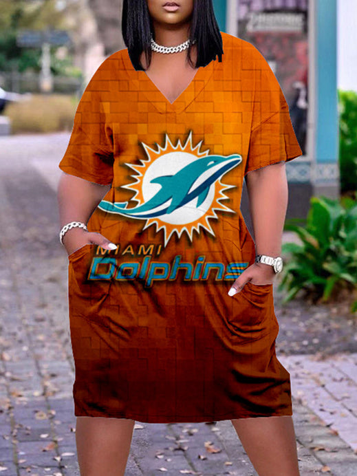 Miami Dolphins V-neck Casual Pocket Dress
