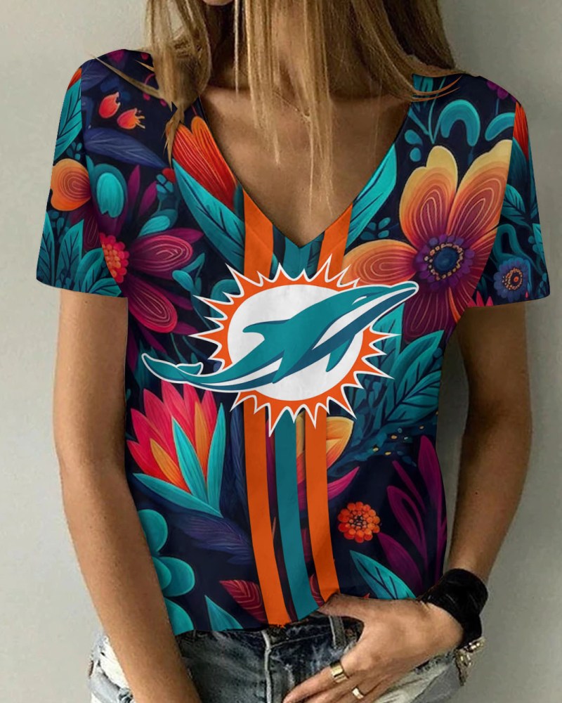 Miami Dolphins Summer V-neck Women T-shirt