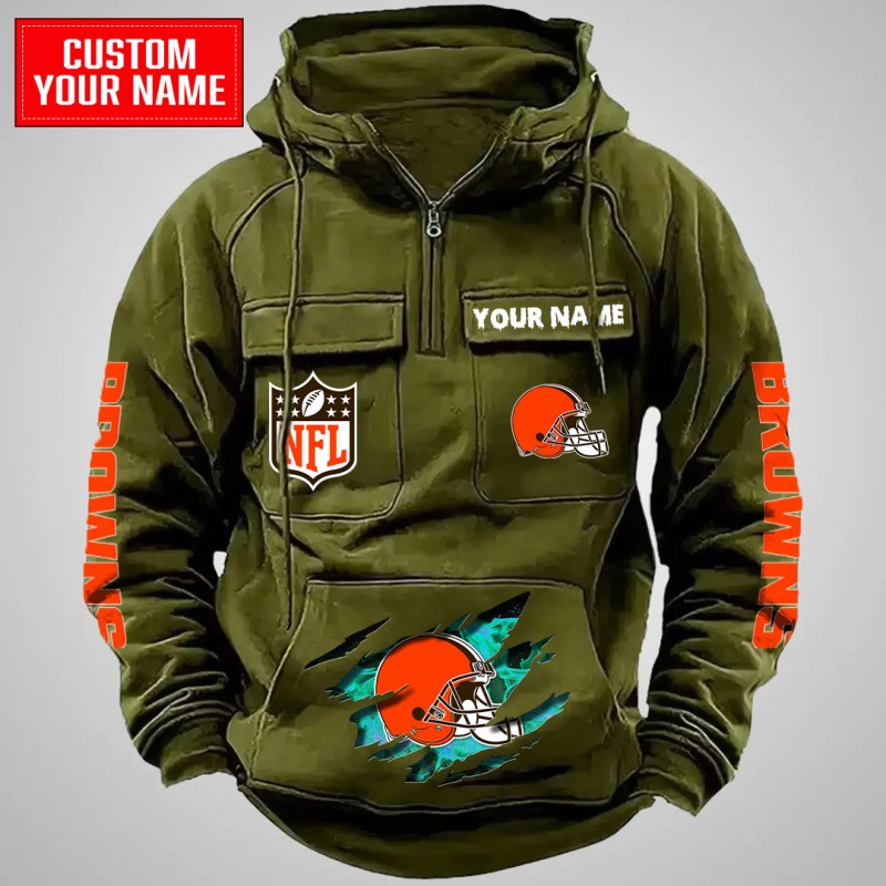 Cleveland Browns Multi-Pockets Zip Hoodie in Green