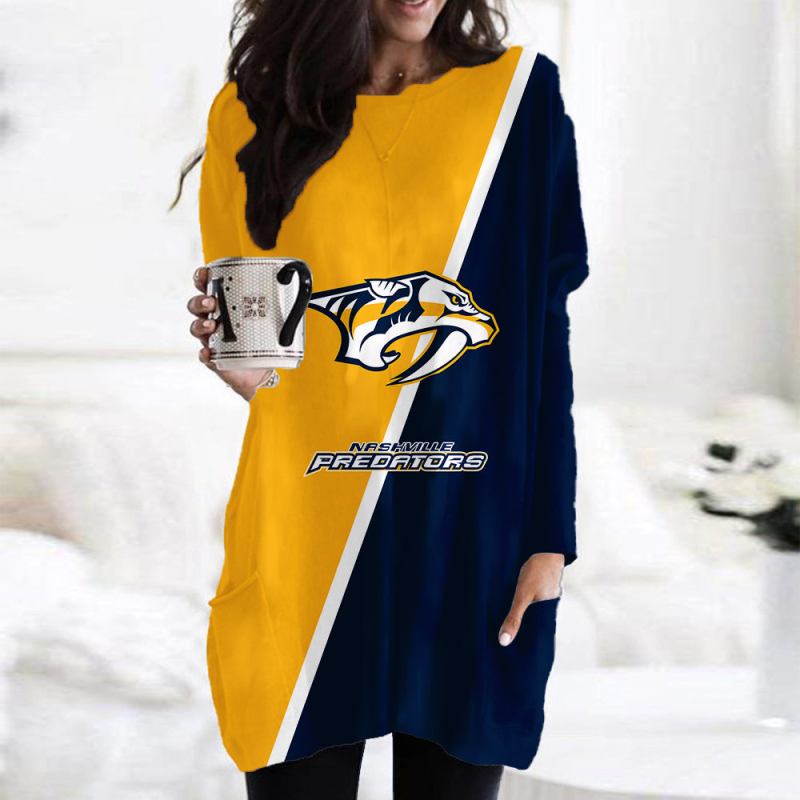 Nashville Predators Casual Long Sleeve Pocket Dress AZBTLSPD000079 1 Nashville Predators Casual Long Sleeve Pocket Dress
