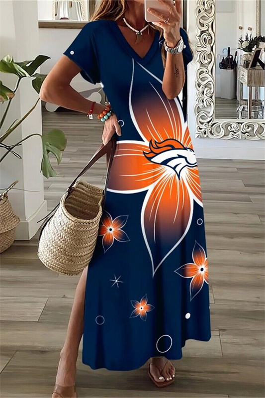 Denver Broncos V-Neck Side Slit Long Dress