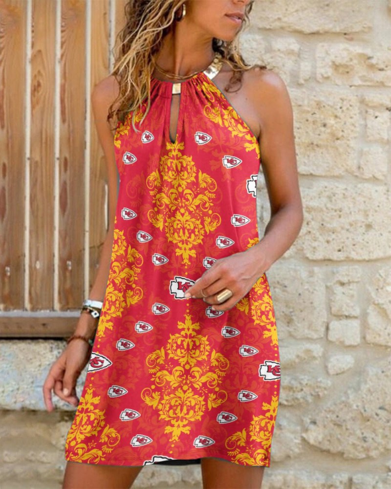 Kansas City Chiefs Summer Casual Metal Halter Neck Sleeveless Dress
