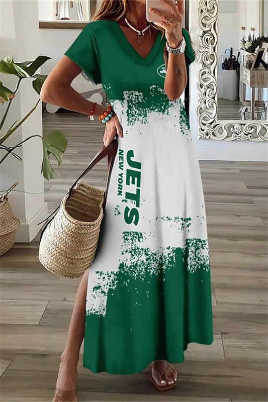 New York Jets V-Neck Side Slit Long Dress