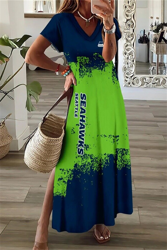 Seattle Seahawks V-Neck Side Slit Long Dress
