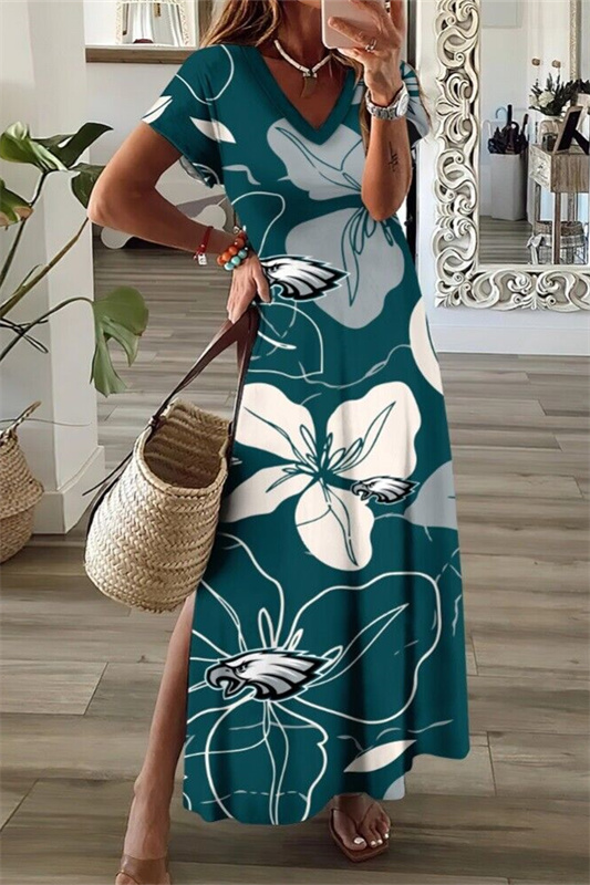 Philadelphia Eagles V-Neck Side Slit Long Dress