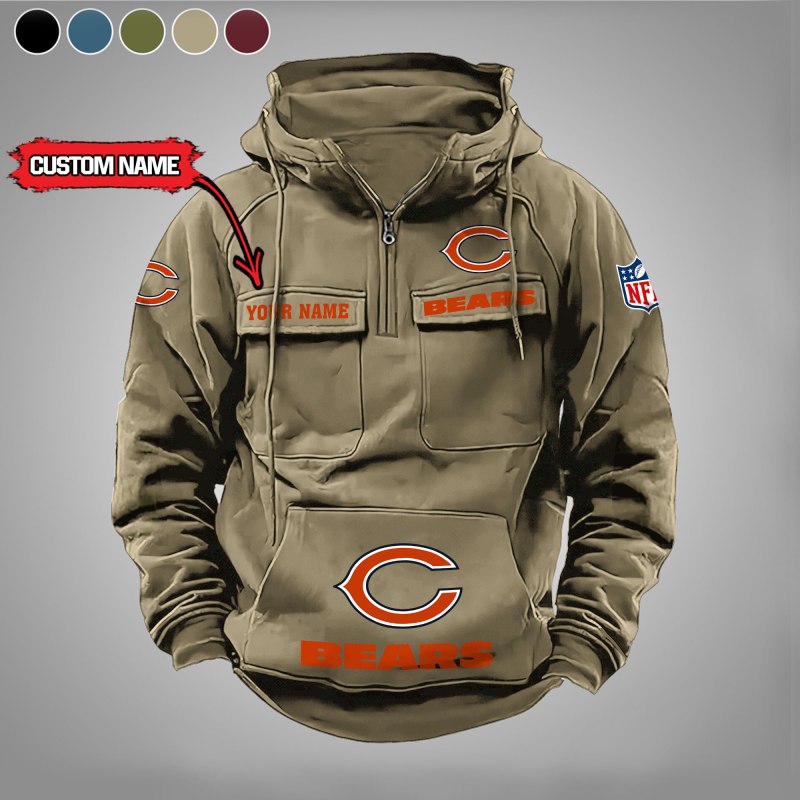 Chicago Bears Multi-Pockets Zip Hoodie Khaki
