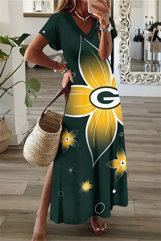 Green Bay Packers V-Neck Side Slit Long Dress