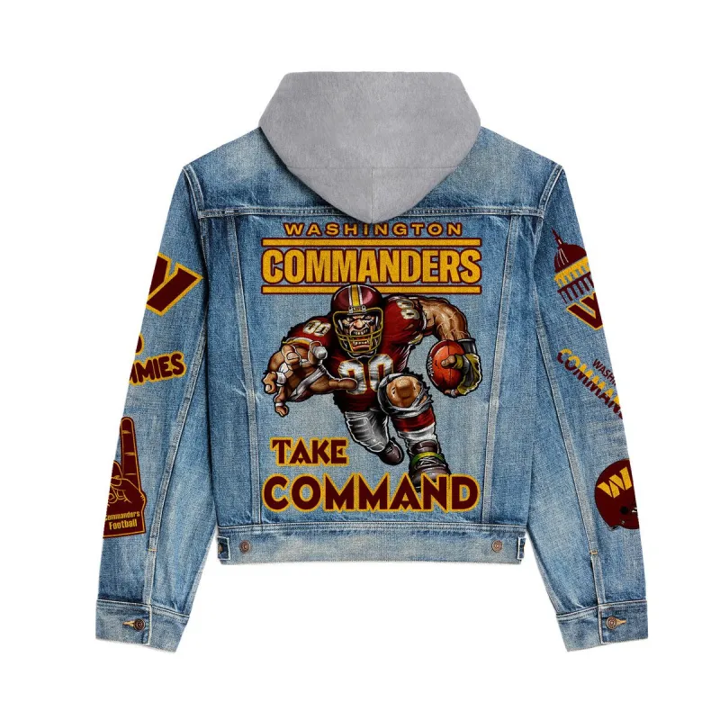 Side View of Washington Commanders Hooded Denim Jacket