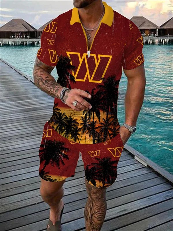 Washington Commanders Zip Polo Shirt and Shorts