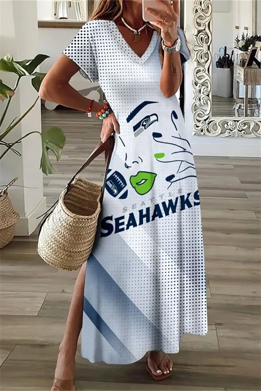 Seattle Seahawks V-Neck Side Slit Long Dress