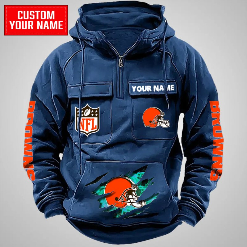 Cleveland Browns Multi-Pockets Zip Hoodie in Navy