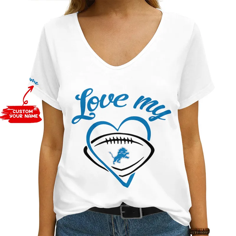 Detroit Lions Personalized V-neck Women T-shirt - Side View